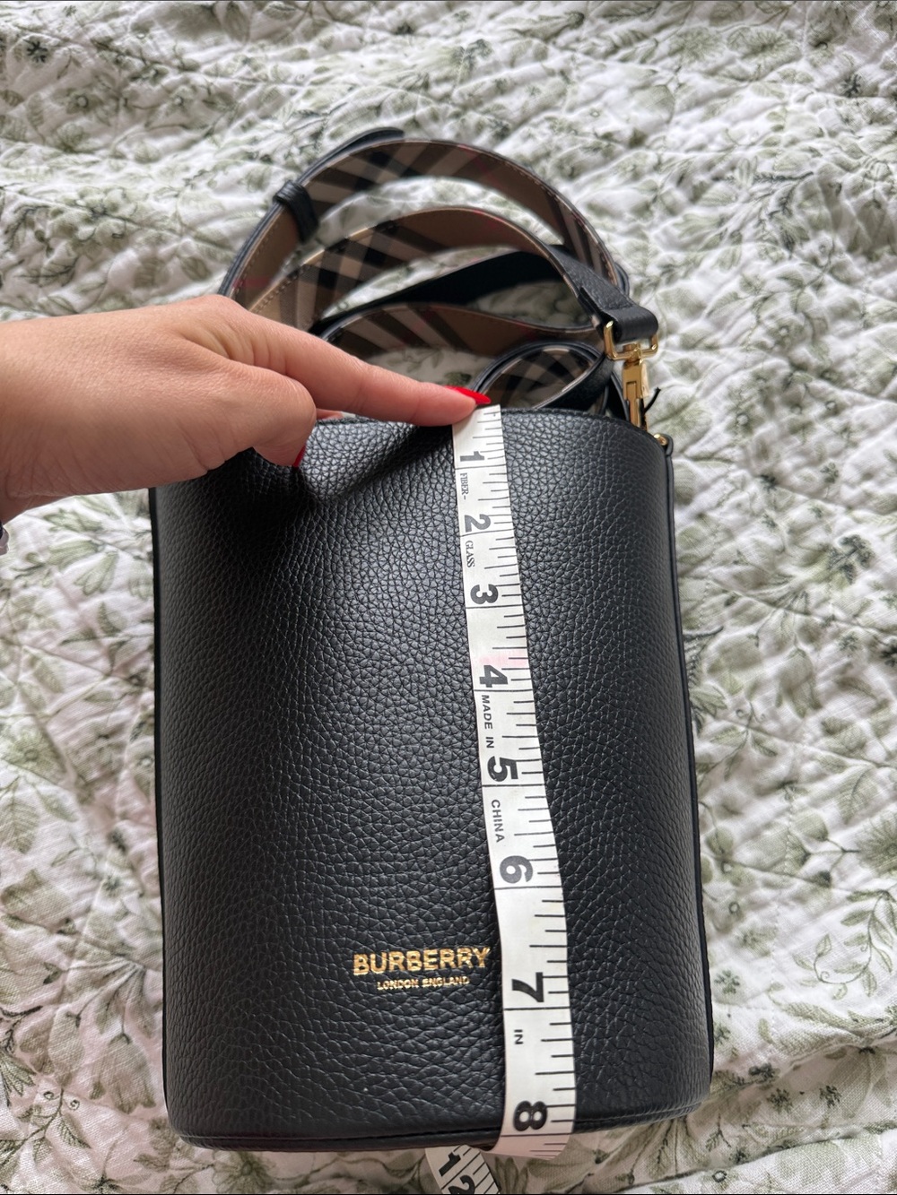 Burberry Black Pebbled Leather Bucket Bag with Check-Print Strap - Picture 2 of 7